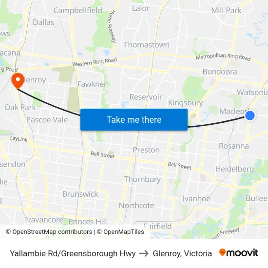 Yallambie Rd/Greensborough Hwy to Glenroy, Victoria map