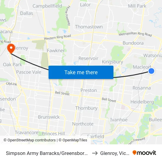 Simpson Army Barracks/Greensborough Hwy to Glenroy, Victoria map