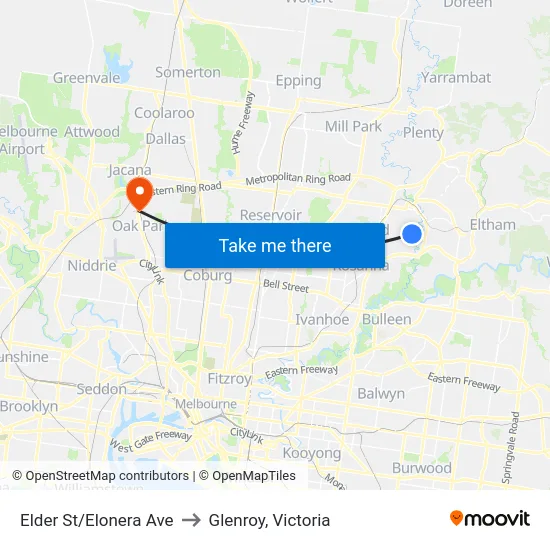 Elder St/Elonera Ave to Glenroy, Victoria map
