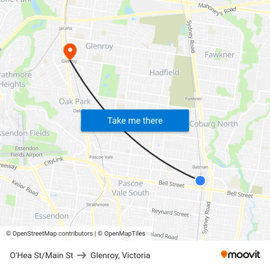 O'Hea St/Main St to Glenroy, Victoria map