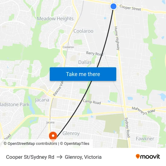 Cooper St/Sydney Rd to Glenroy, Victoria map
