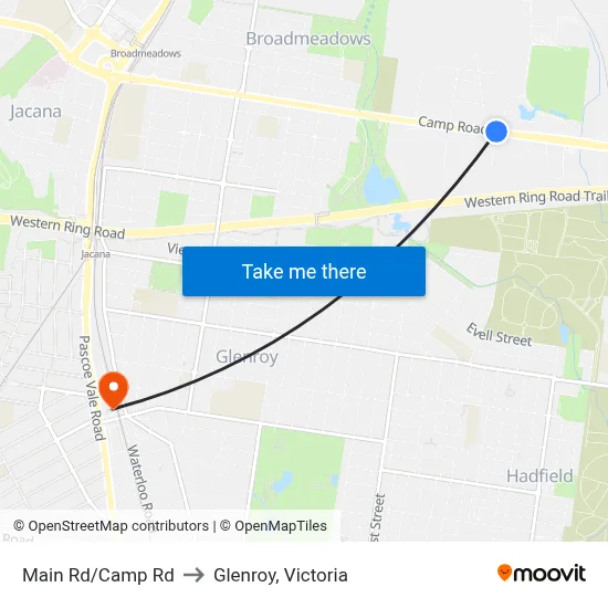Main Rd/Camp Rd to Glenroy, Victoria map
