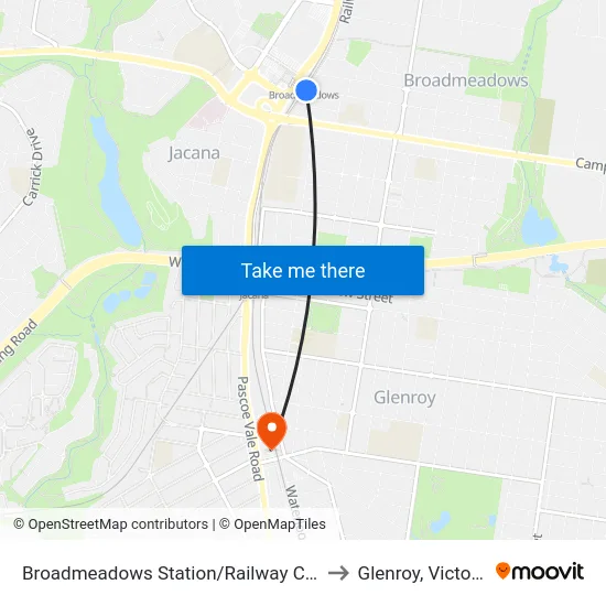 Broadmeadows Station/Railway Cres to Glenroy, Victoria map
