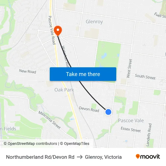 Northumberland Rd/Devon Rd to Glenroy, Victoria map