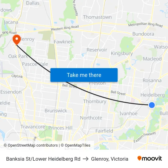 Banksia St/Lower Heidelberg Rd to Glenroy, Victoria map