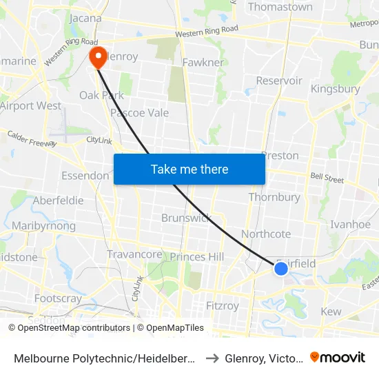 Melbourne Polytechnic/Heidelberg Rd to Glenroy, Victoria map