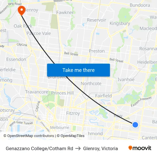 Genazzano College/Cotham Rd to Glenroy, Victoria map