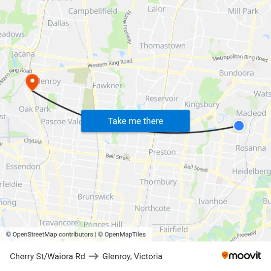 Cherry St/Waiora Rd to Glenroy, Victoria map