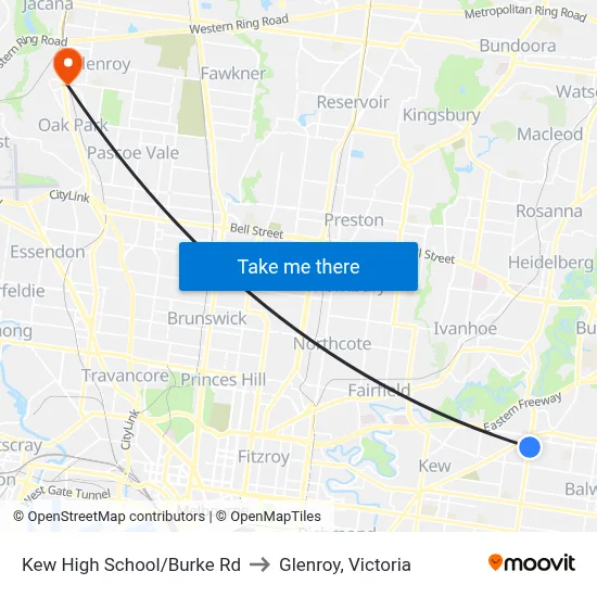 Kew High School/Burke Rd to Glenroy, Victoria map