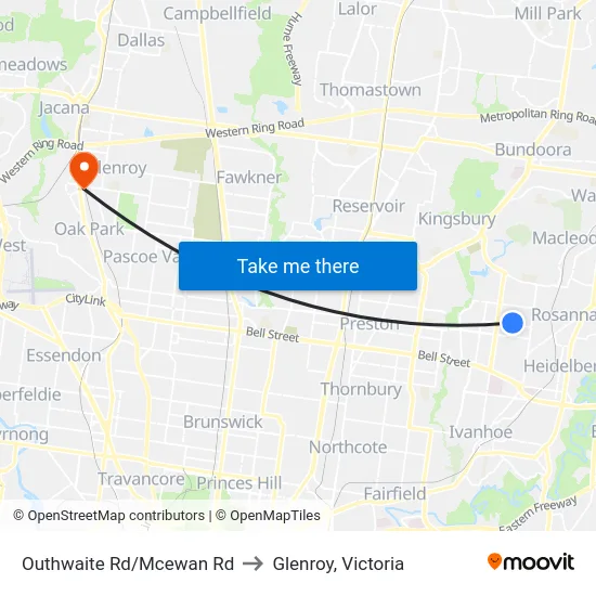 Outhwaite Rd/Mcewan Rd to Glenroy, Victoria map