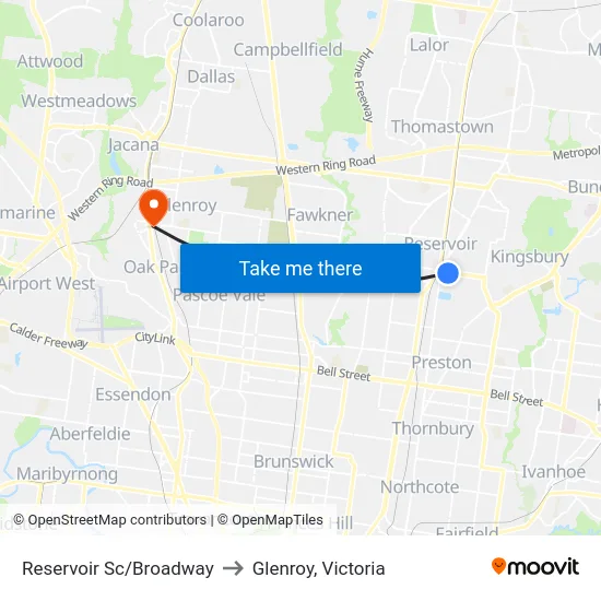 Reservoir Sc/Broadway to Glenroy, Victoria map