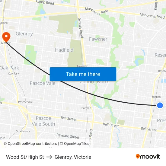 Wood St/High St to Glenroy, Victoria map