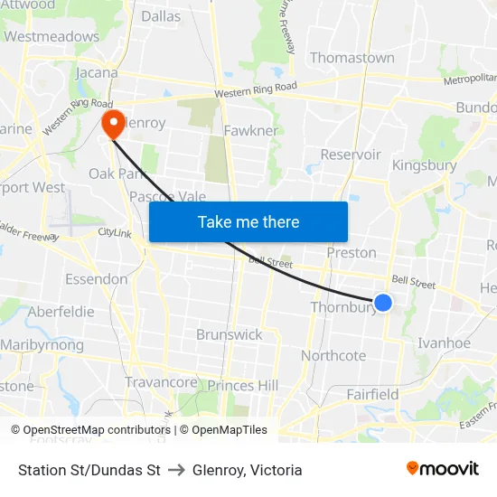 Station St/Dundas St to Glenroy, Victoria map