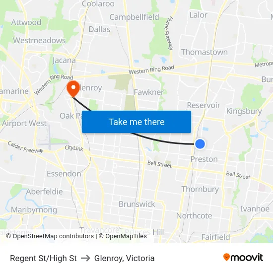 Regent St/High St to Glenroy, Victoria map