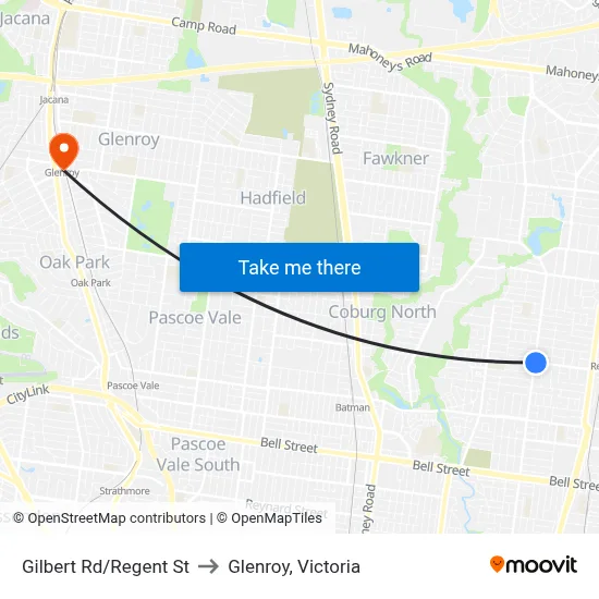 Gilbert Rd/Regent St to Glenroy, Victoria map