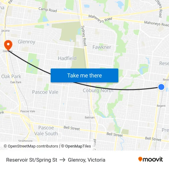 Reservoir St/Spring St to Glenroy, Victoria map