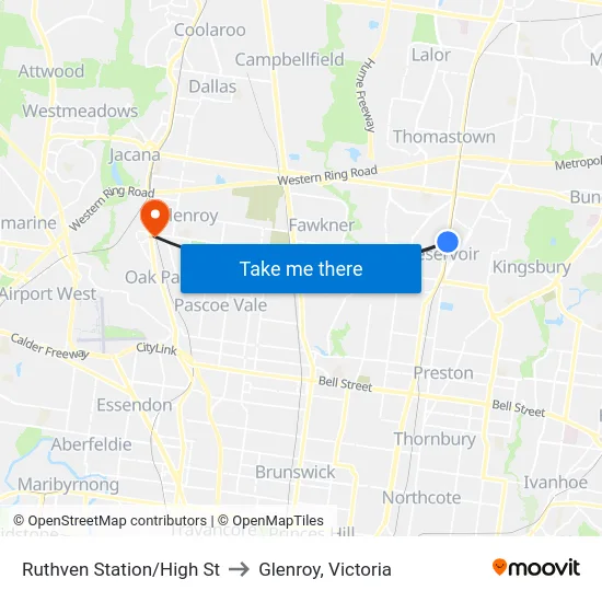 Ruthven Station/High St to Glenroy, Victoria map