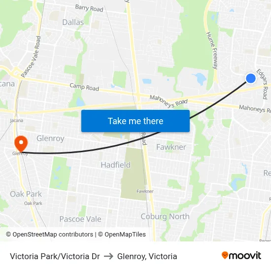 Victoria Park/Victoria Dr to Glenroy, Victoria map