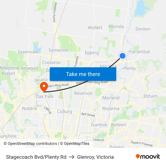 Stagecoach Bvd/Plenty Rd to Glenroy, Victoria map