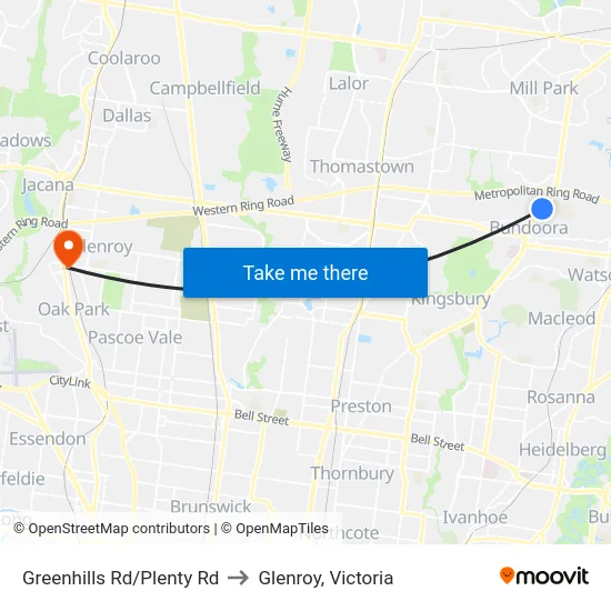 Greenhills Rd/Plenty Rd to Glenroy, Victoria map
