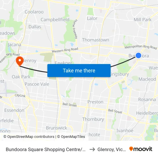 Bundoora Square Shopping Centre/Plenty Rd to Glenroy, Victoria map