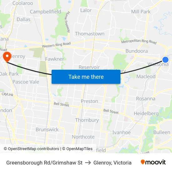 Greensborough Rd/Grimshaw St to Glenroy, Victoria map