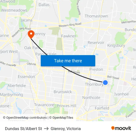 Dundas St/Albert St to Glenroy, Victoria map