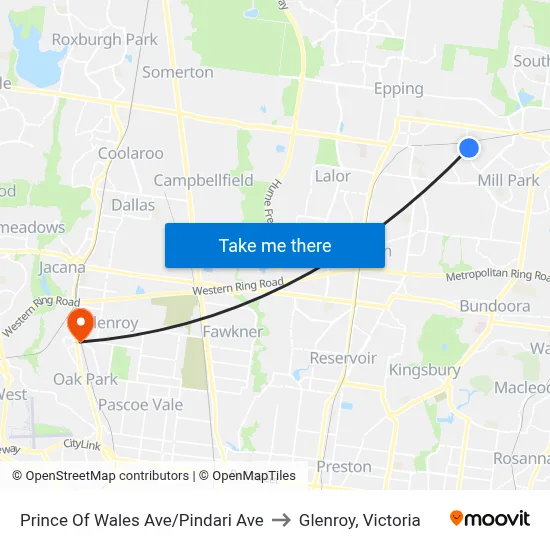 Prince Of Wales Ave/Pindari Ave to Glenroy, Victoria map