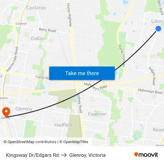 Kingsway Dr/Edgars Rd to Glenroy, Victoria map