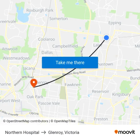 Northern Hospital to Glenroy, Victoria map