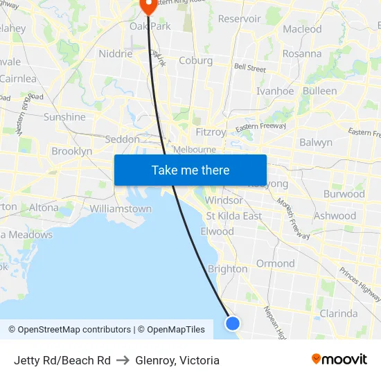 Jetty Rd/Beach Rd to Glenroy, Victoria map