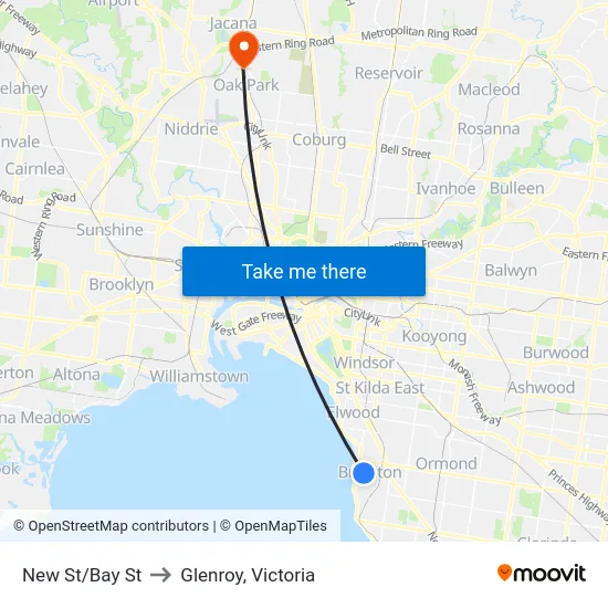 New St/Bay St to Glenroy, Victoria map