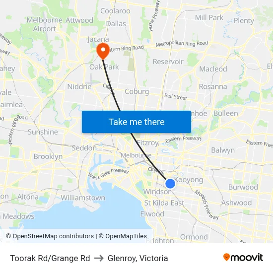 Toorak Rd/Grange Rd to Glenroy, Victoria map