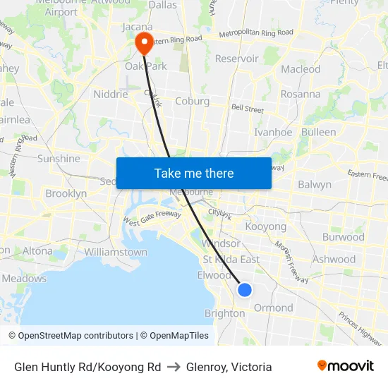 Glen Huntly Rd/Kooyong Rd to Glenroy, Victoria map