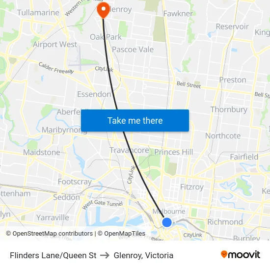 Flinders Lane/Queen St to Glenroy, Victoria map