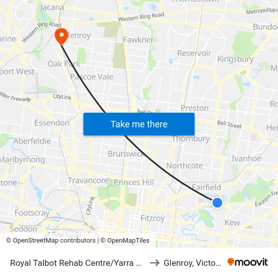 Royal Talbot Rehab Centre/Yarra Bvd to Glenroy, Victoria map