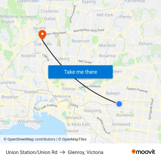 Union Station/Union Rd to Glenroy, Victoria map