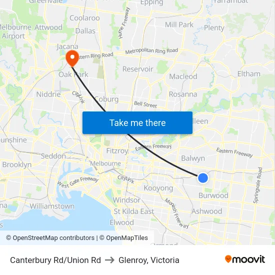 Canterbury Rd/Union Rd to Glenroy, Victoria map