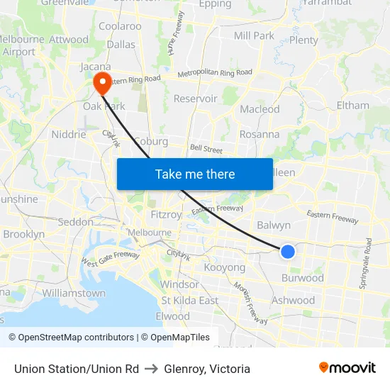 Union Station/Union Rd to Glenroy, Victoria map