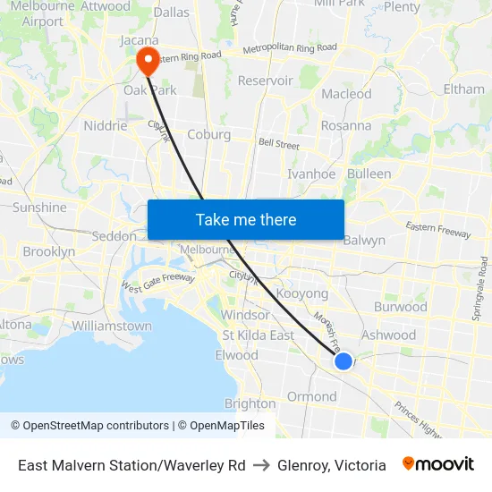East Malvern Station/Waverley Rd to Glenroy, Victoria map