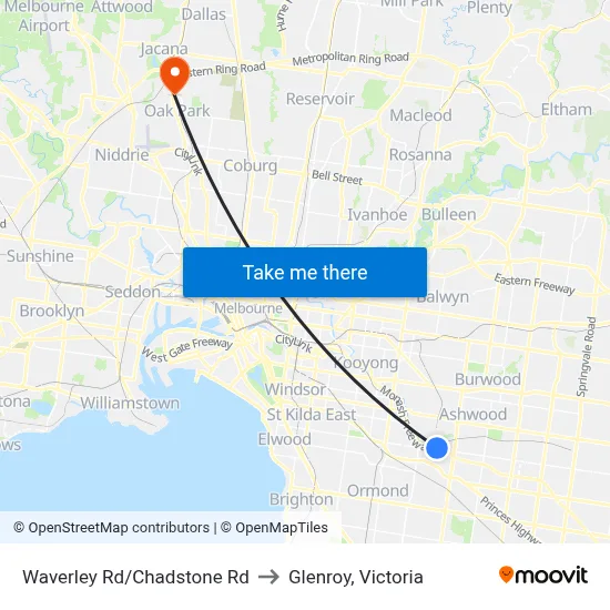 Waverley Rd/Chadstone Rd to Glenroy, Victoria map