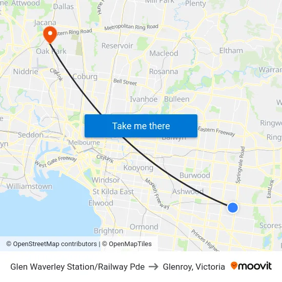 Glen Waverley Station/Railway Pde to Glenroy, Victoria map
