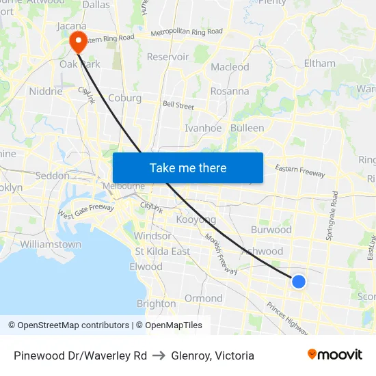 Pinewood Dr/Waverley Rd to Glenroy, Victoria map