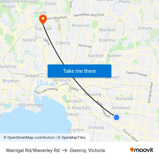 Warrigal Rd/Waverley Rd to Glenroy, Victoria map