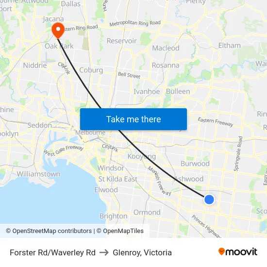 Forster Rd/Waverley Rd to Glenroy, Victoria map