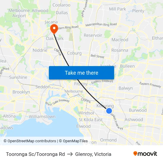 Tooronga Sc/Tooronga Rd to Glenroy, Victoria map