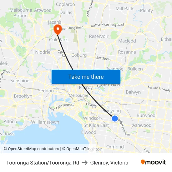 Tooronga Station/Tooronga Rd to Glenroy, Victoria map