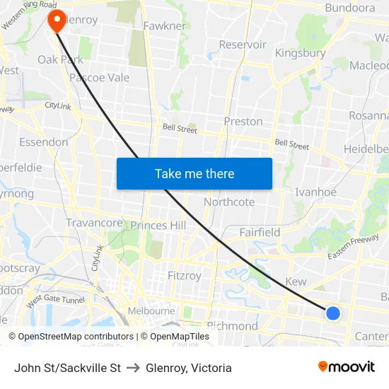 John St/Sackville St to Glenroy, Victoria map