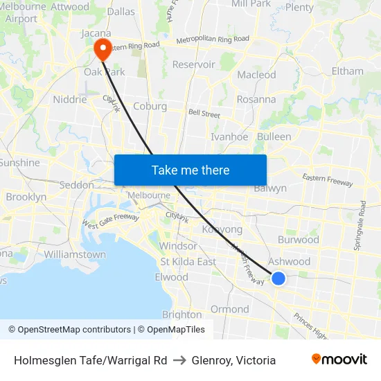 Holmesglen Tafe/Warrigal Rd to Glenroy, Victoria map