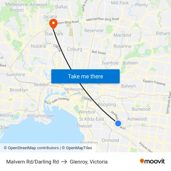 Malvern Rd/Darling Rd to Glenroy, Victoria map